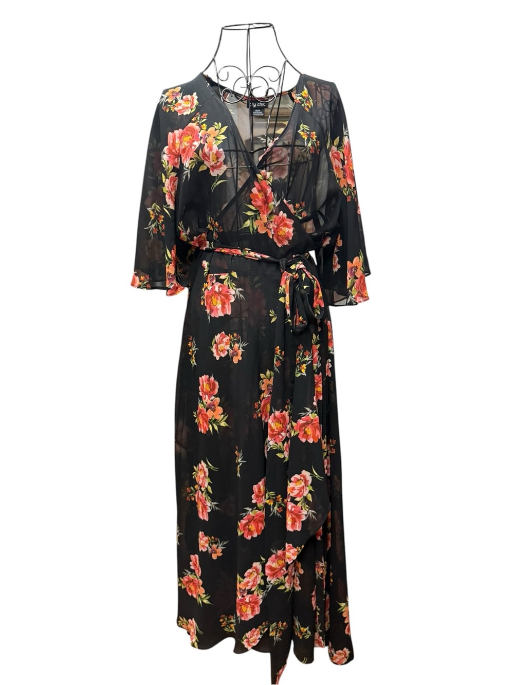 Black Floral Long Wrap Robe with Pink & Coral Blooms size M/18